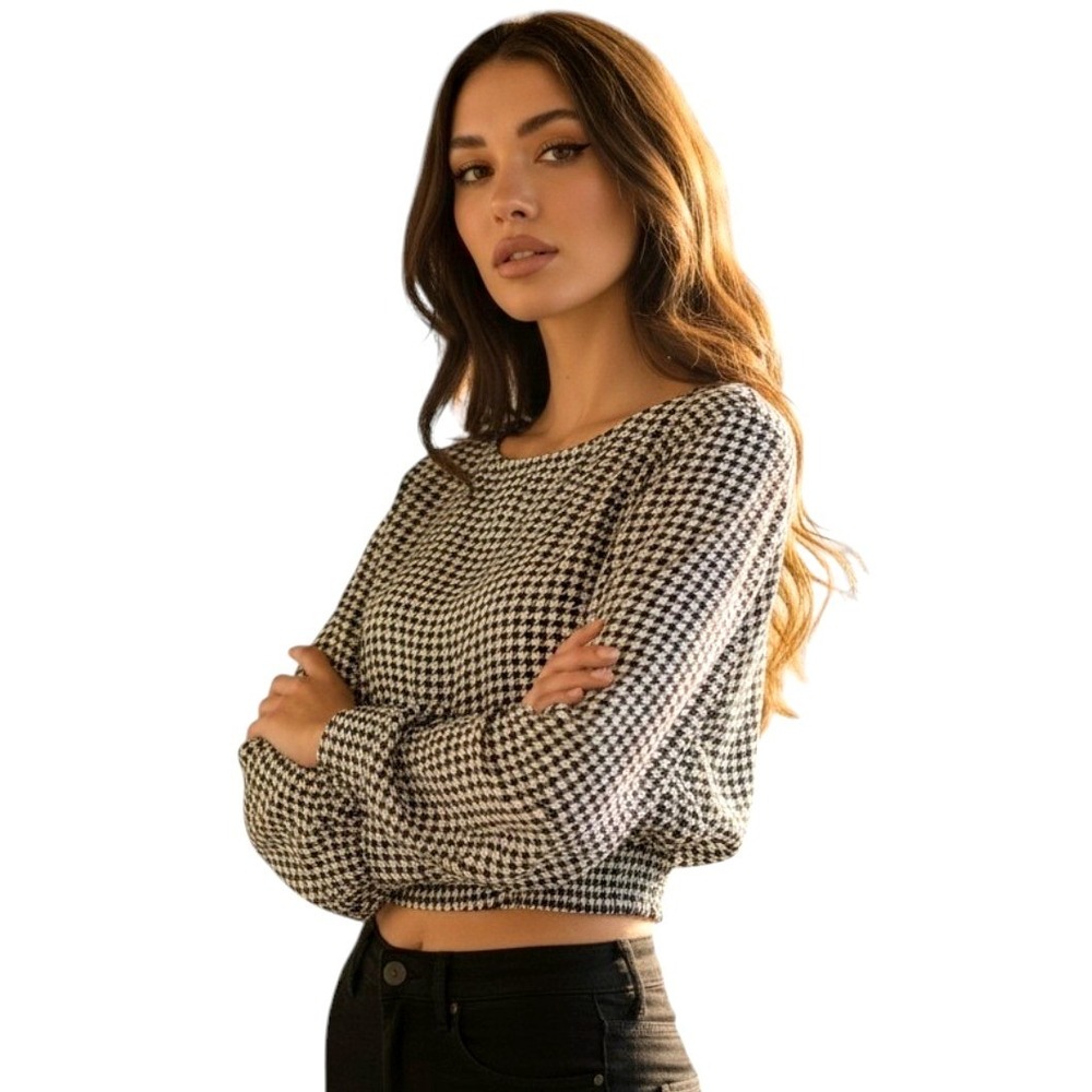 LOFT NEW Black White Houndstooth Blouse Smocked Hem Cropped Top Preppy XXS NWT